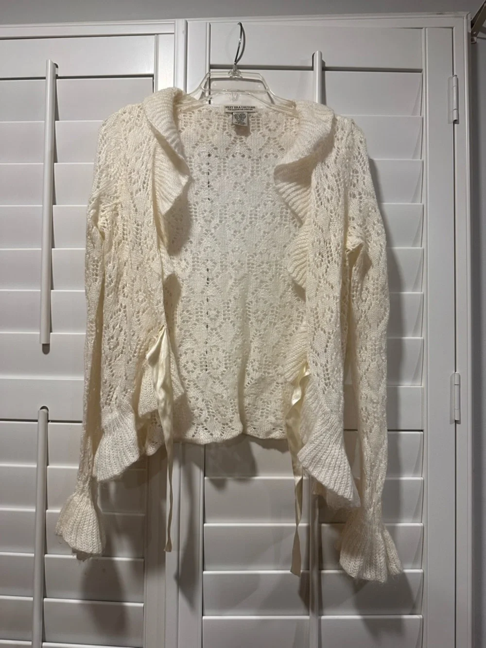 Next Era Couture Cream Lace Knit Cardigan Ruffle Bell Sleeve Tie Front Boho  Y2K - Picture 11 of 11